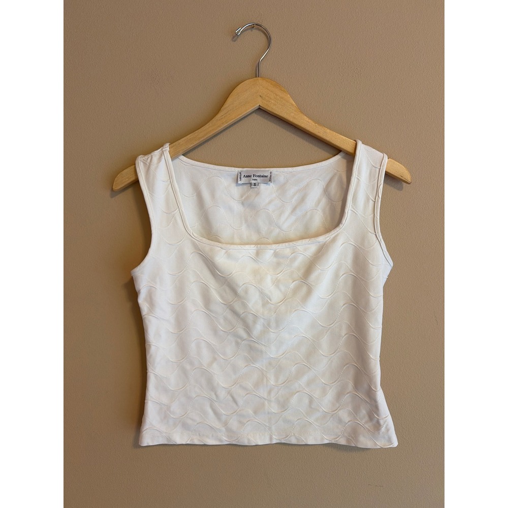 Anne‎ Fontaine Paris White Textured Wavy Square Neck Tank Top Sleeveless Size 3